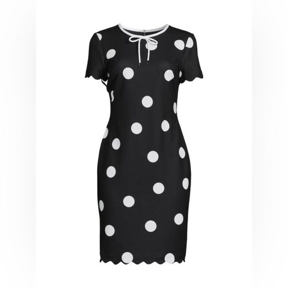 KARL LAGERFELD PARIS Scalloped Polka Dot Pencil Dress - Picture 1 of 14